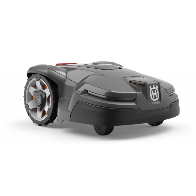 Husqvarna AUTOMOWER® Mähroboter 405X, dunkelgrau, vier Räder.