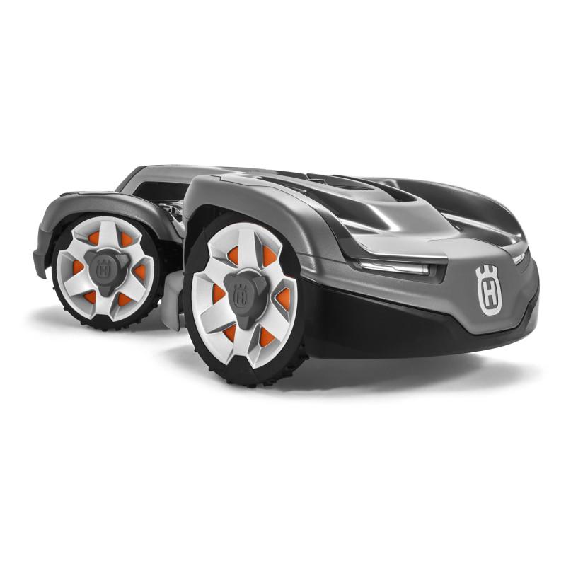 Husqvarna AUTOMOWER® Mähroboter 435XAWD, dunkelgrau, vier Räder mit Allradantrieb.